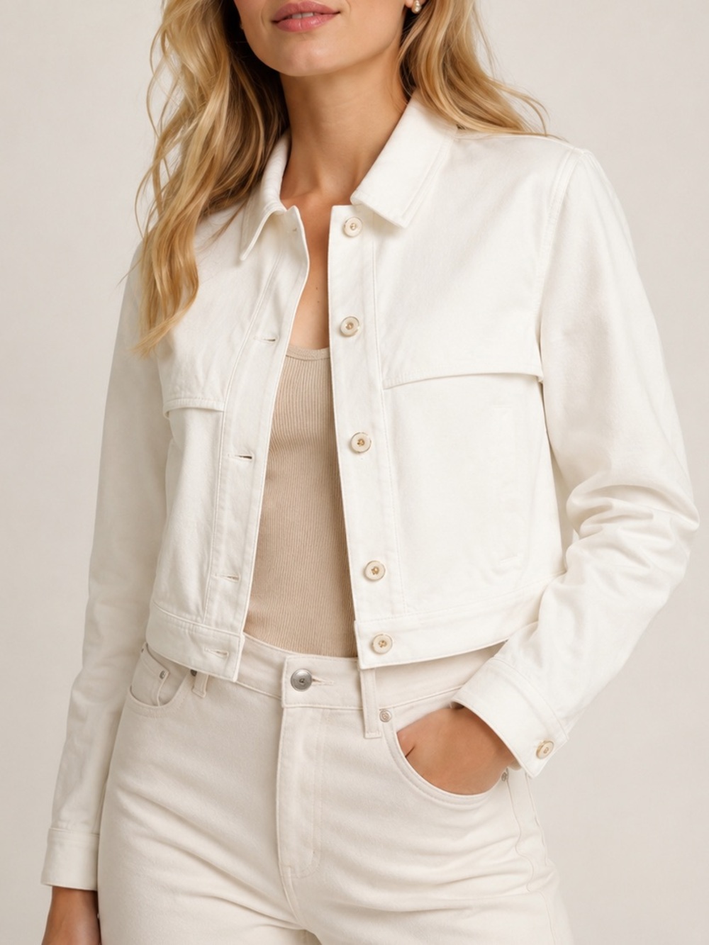 Spartina 449 Boxy Cropped Jacket Size M Ivory White Pockets Stretch